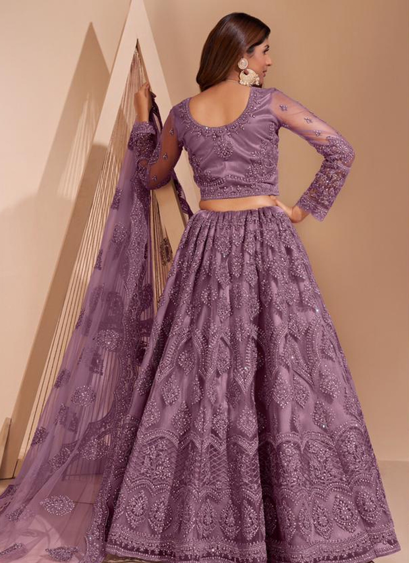 Sequins embroiderd acrylic net lehenga choli in light Purple