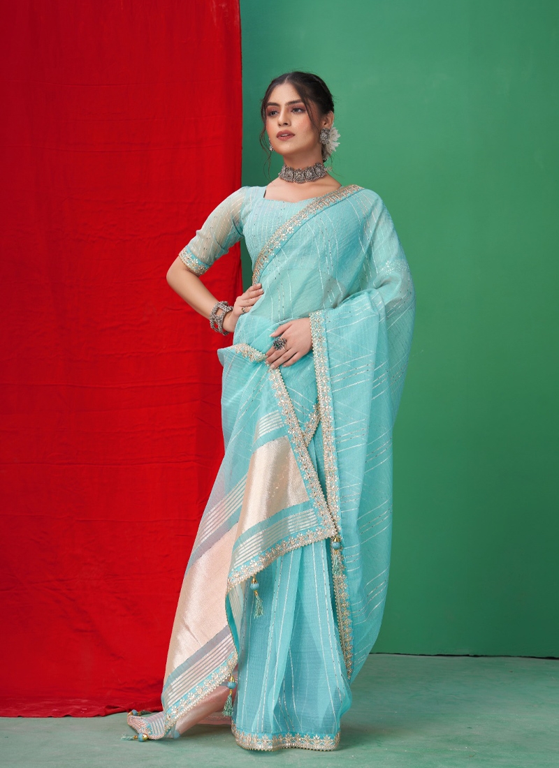 Traditional gotta patti saree with beautiful embroidery in sky blue