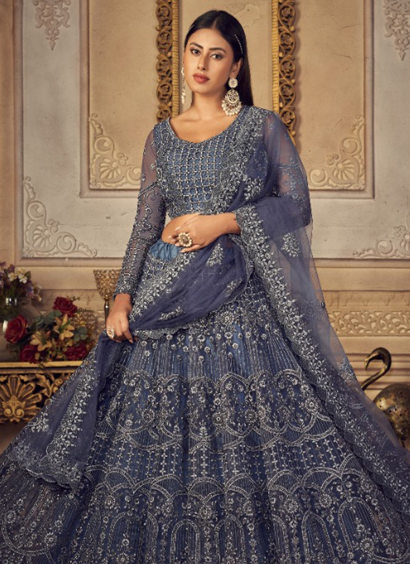 Thread embroidery cording with stone work lehenga choli in blue