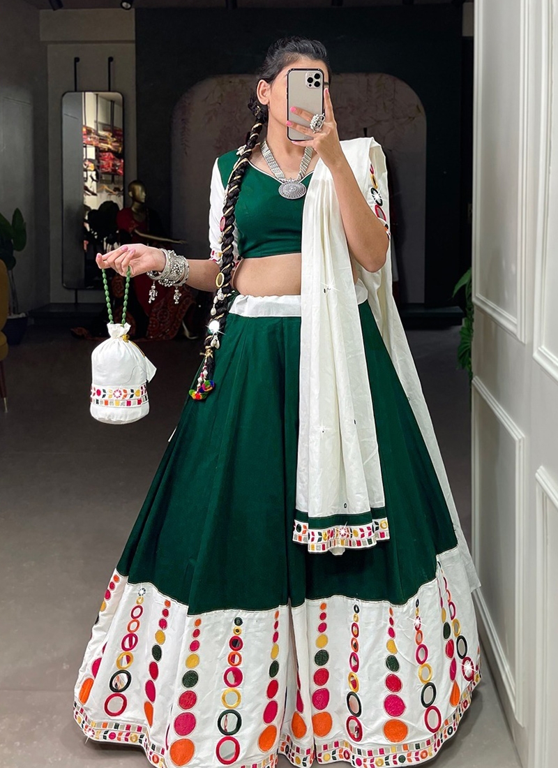 Stunning cotton navratri lehenga choli with mirror in green