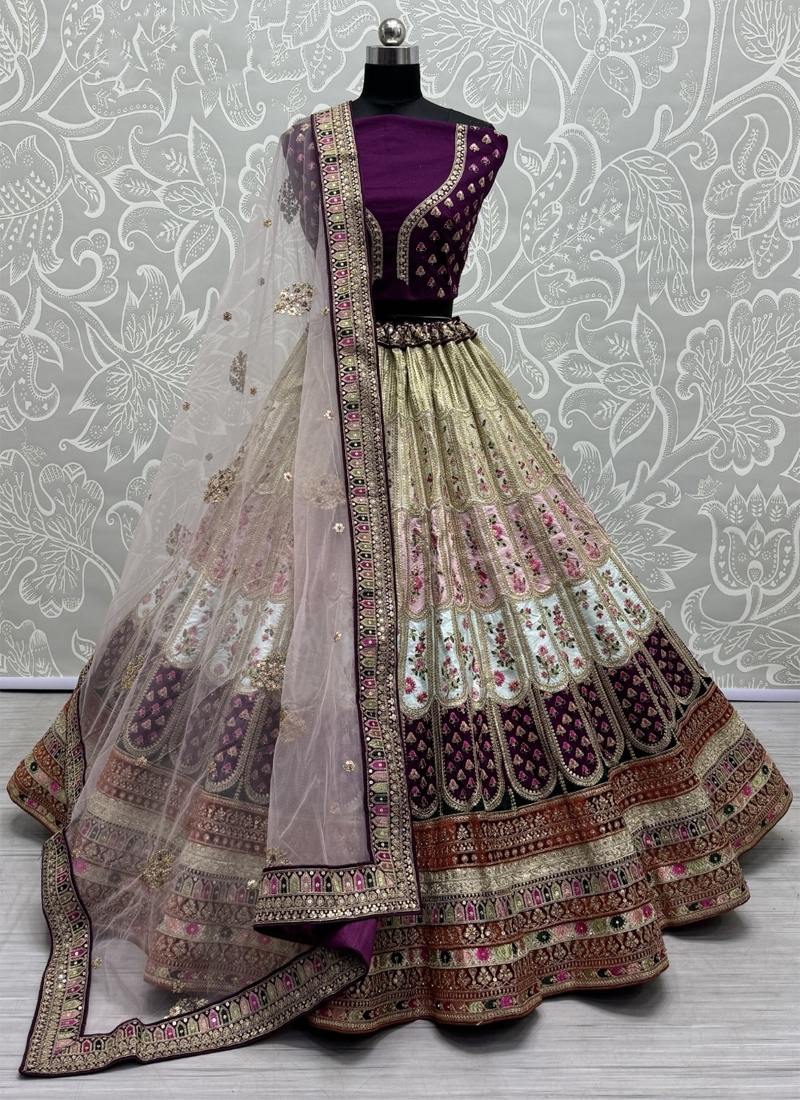 Soft net lehenga with colorful patches and thread embroidery in dark purple