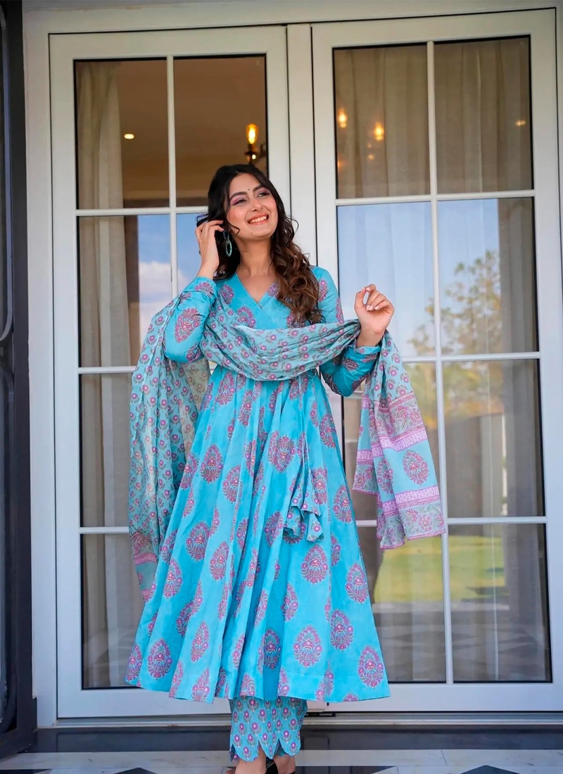 Pure muslin anarkali suit with heavy digital prints in sky blue