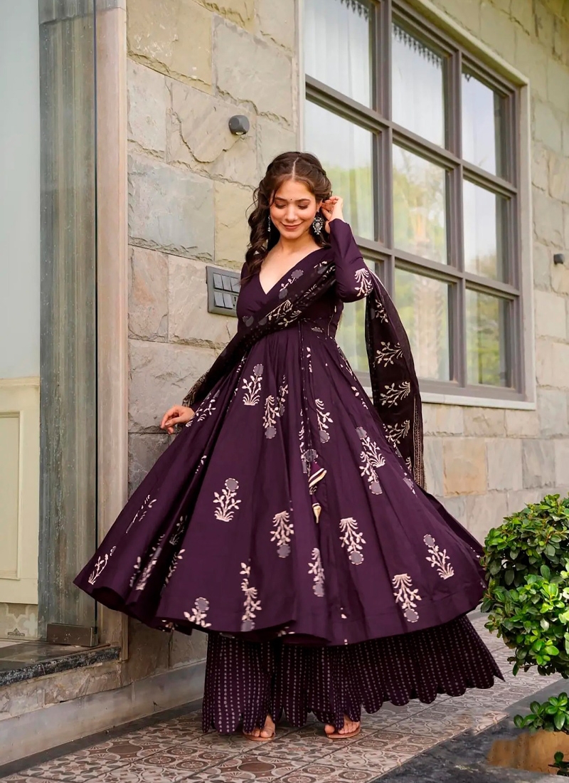 Pure muslin anarkali suit with heavy digital prints in dark purple