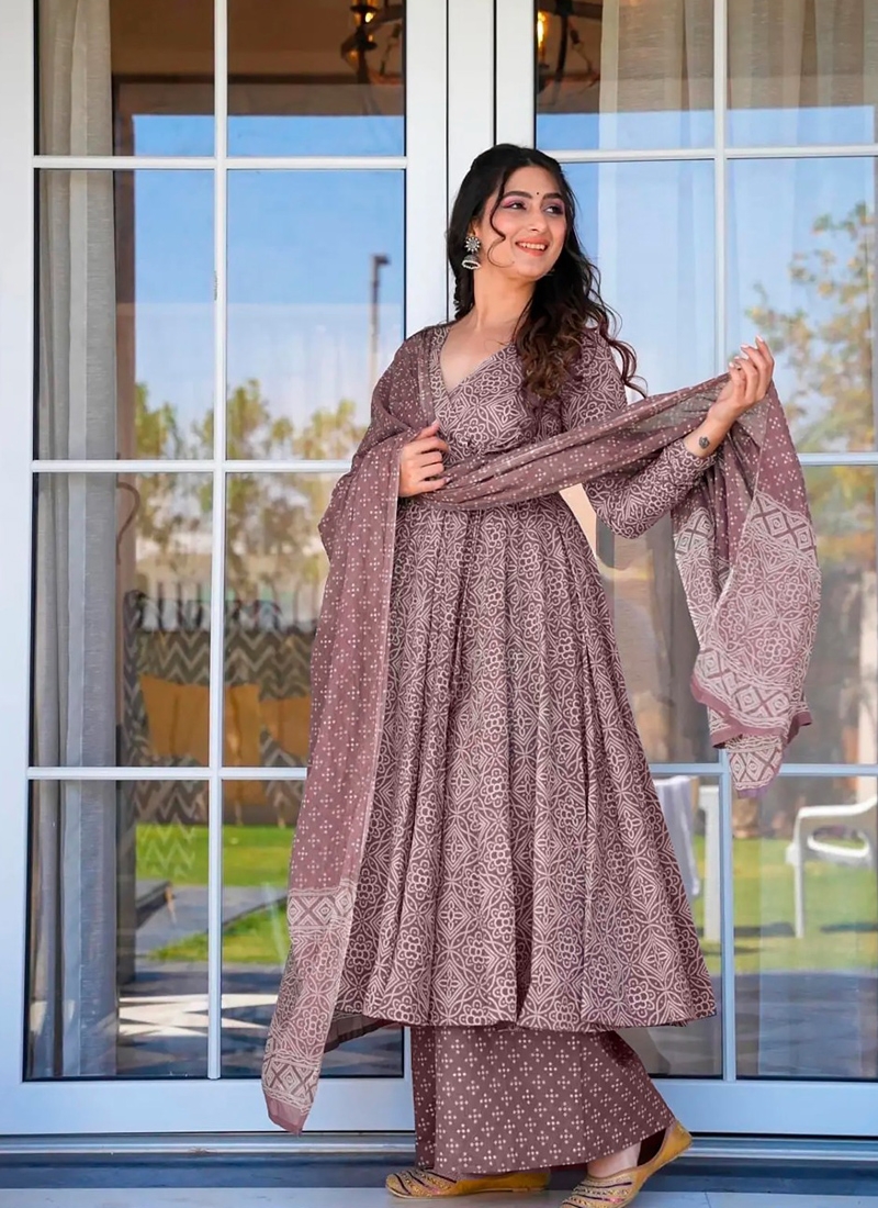 Pure muslin anarkali suit with heavy digital prints in dusky rose