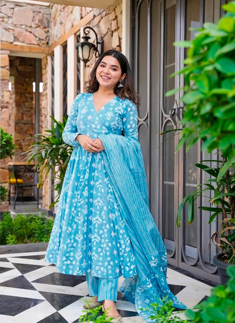 Pure muslin anarkali suit with digital prints in sky blue