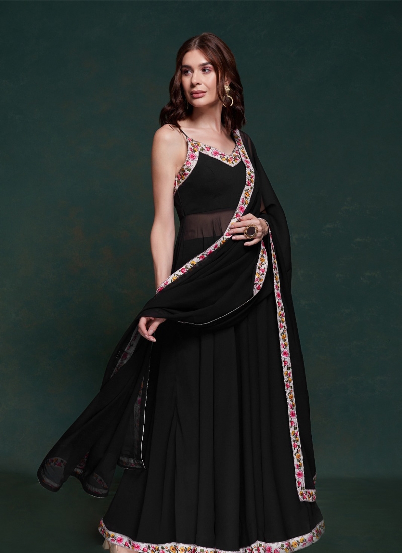 Designer sleeves less anarkali kurta set in black