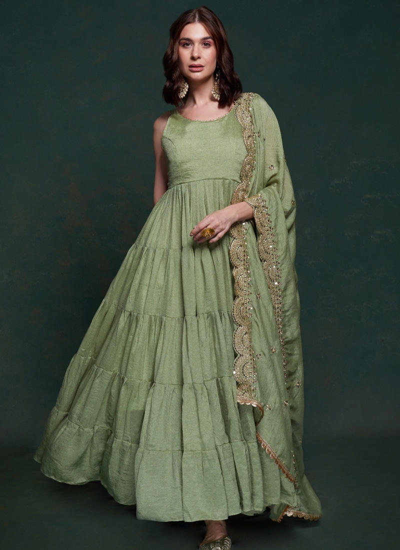 Designer sleeves less anarkali kurta set in pastel green