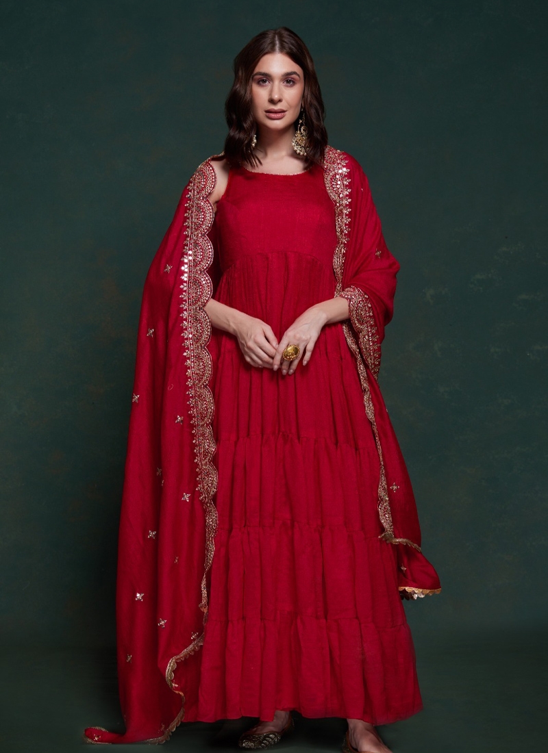 Designer sleeves less anarkali kurta set in red