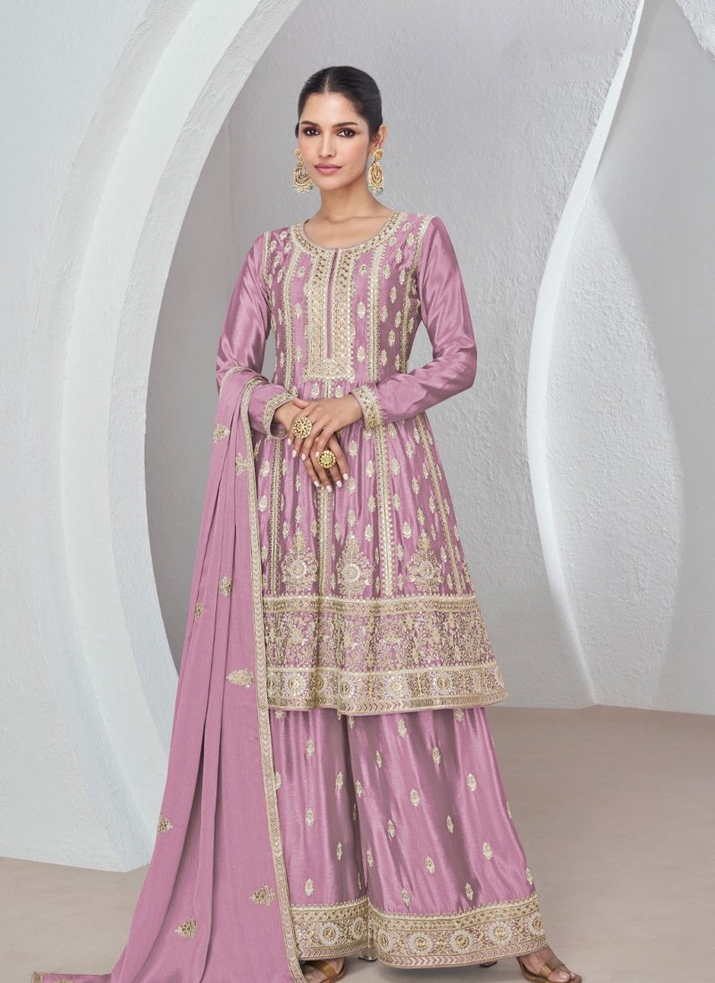 Trendy kurta palazzo set with pearl embroidery in lavender