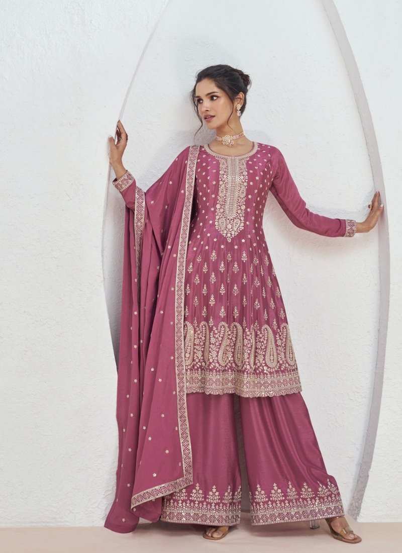 Stunning embroiderd chinon kurta palazzo set in pink