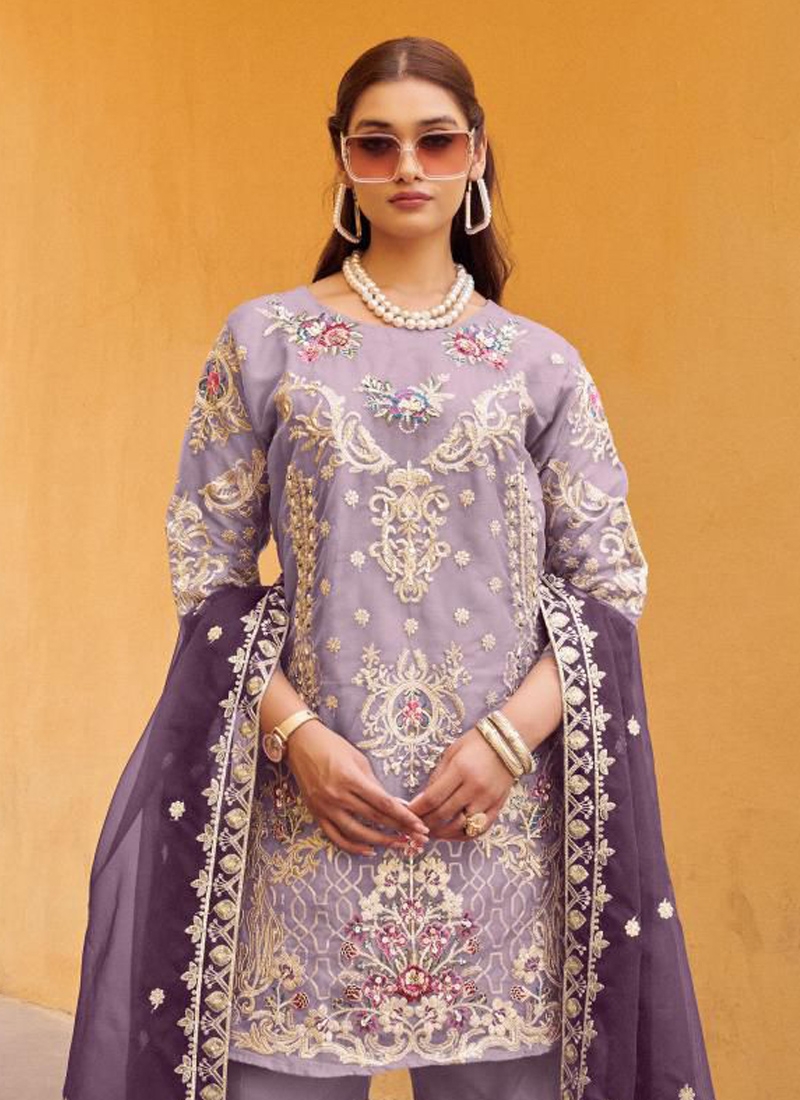 Trendy georgette plazzo set with floral embroidery in light purple