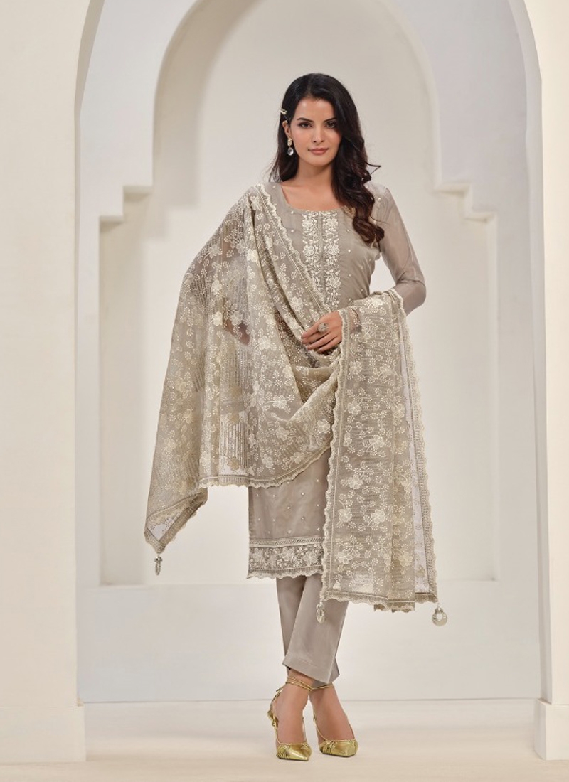 Gorgeous pant suit set with heavy embroidery in grey