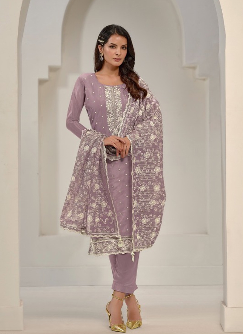 Gorgeous pant suit set with heavy embroidery in light purple