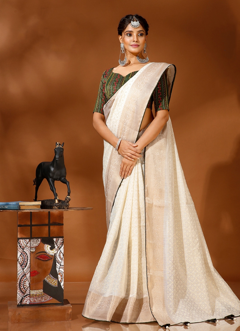 Traditional saree with jacquard border and thread embroidery in green