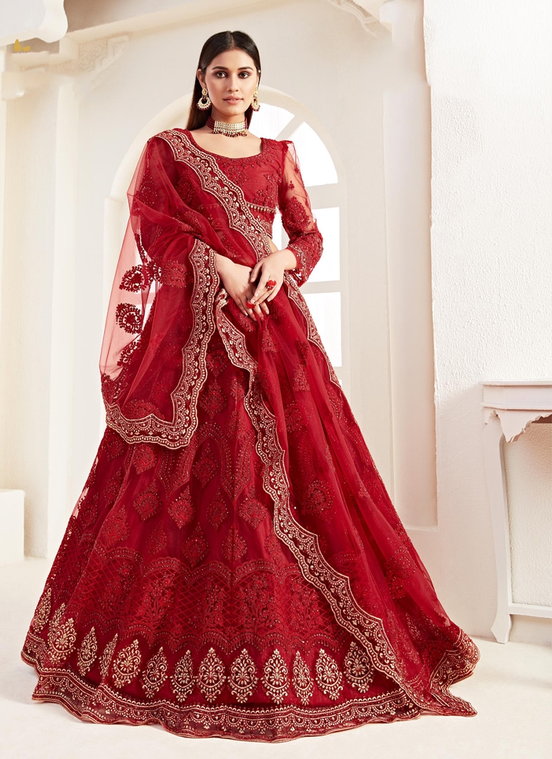 Georgeous faux georgette lehenga with multi thread work in red