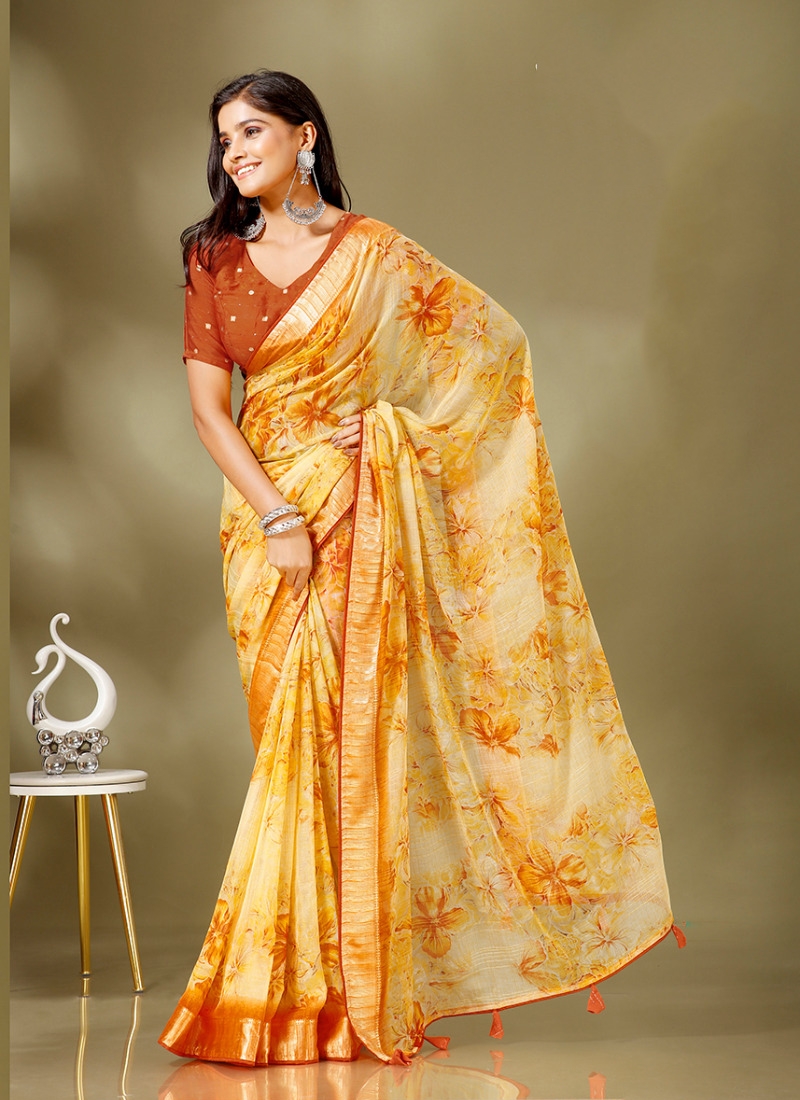 Designer floral printed casual saree in yellow