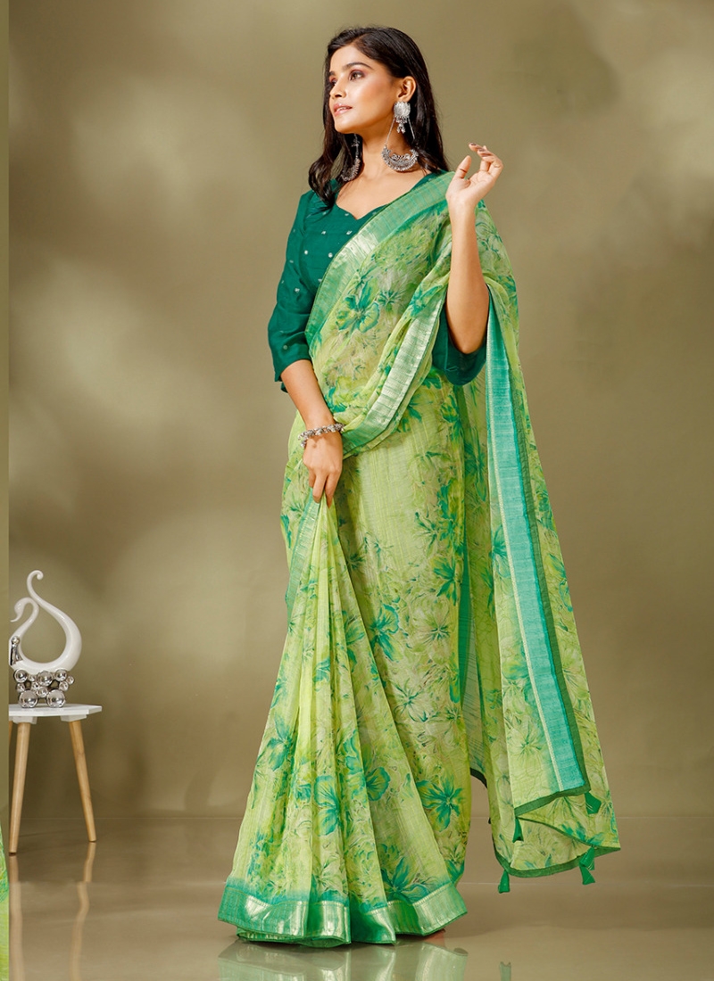 Designer floral printed casual saree in green