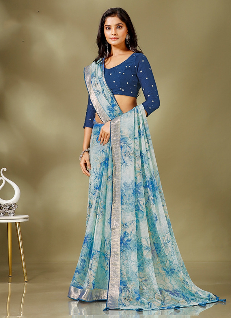 Designer floral printed casual saree in blue