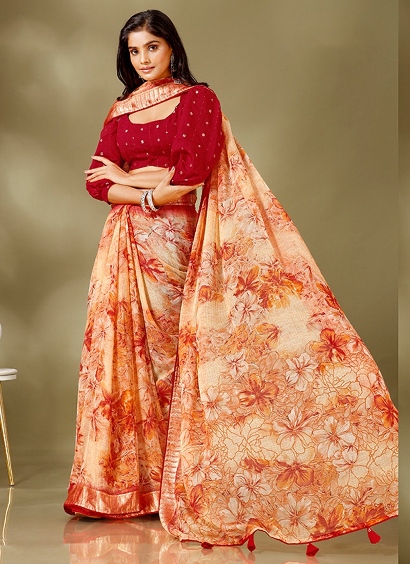 Designer floral printed casual saree in orange