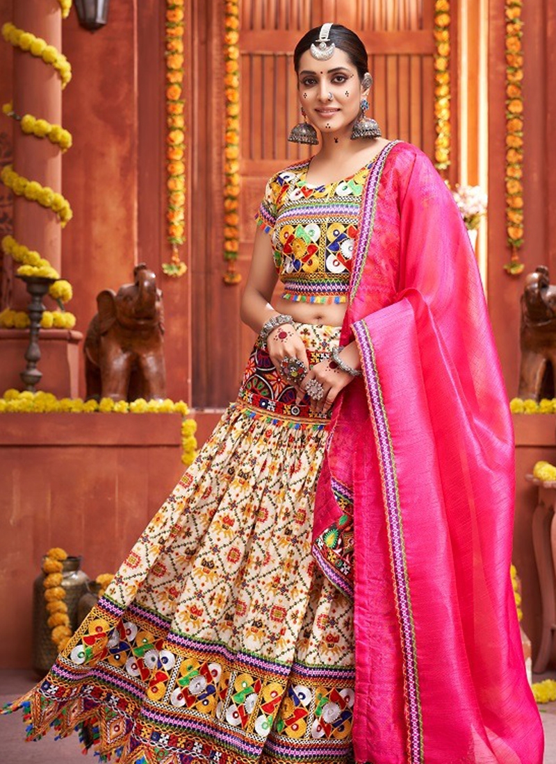 Navratri special lehenga with real mirror work in pink