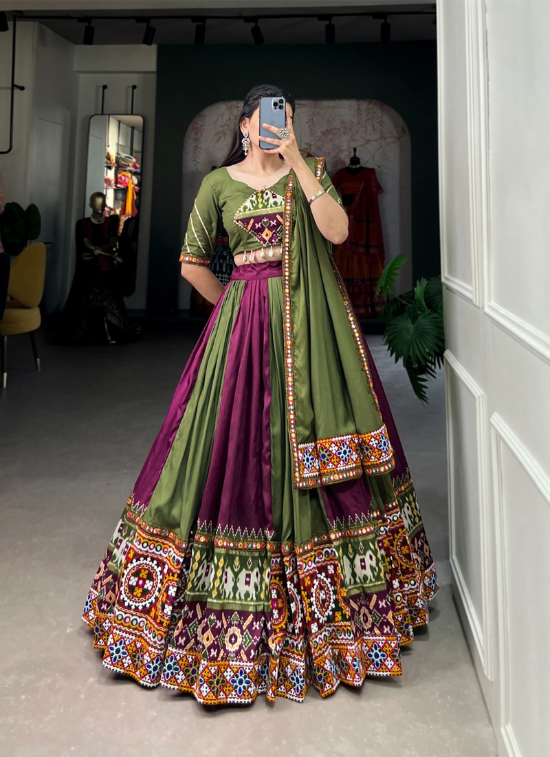 Navratri special lehenga with real mirror work in green