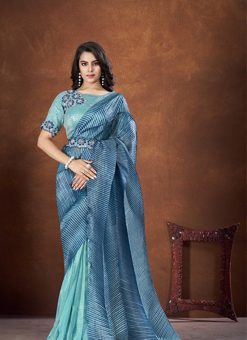 Stunning thread and sequins embroidered banarasi silk saree sky blue