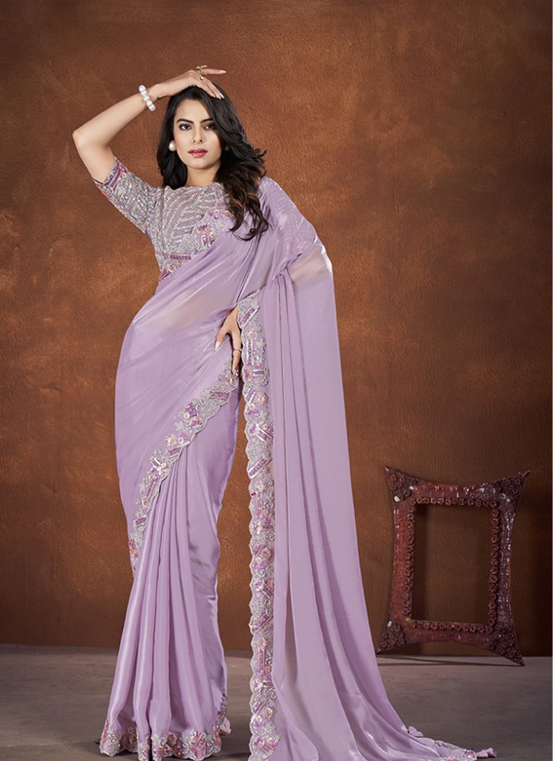 Stunning thread and sequins embroidered banarasi silk saree in lavender