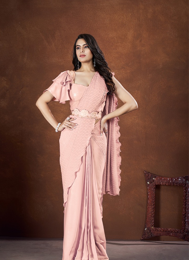 Stunning thread embroidered banarasi saree in peach pink