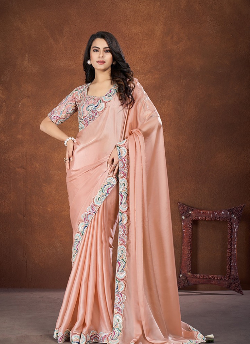 Stunning thread and sequins embroidered banarasi silk saree in cream