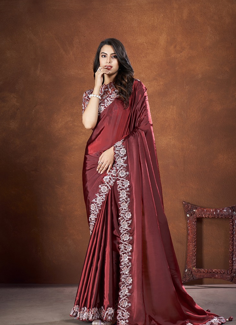 Stunning thread and sequins embroidered banarasi silk saree in maroon