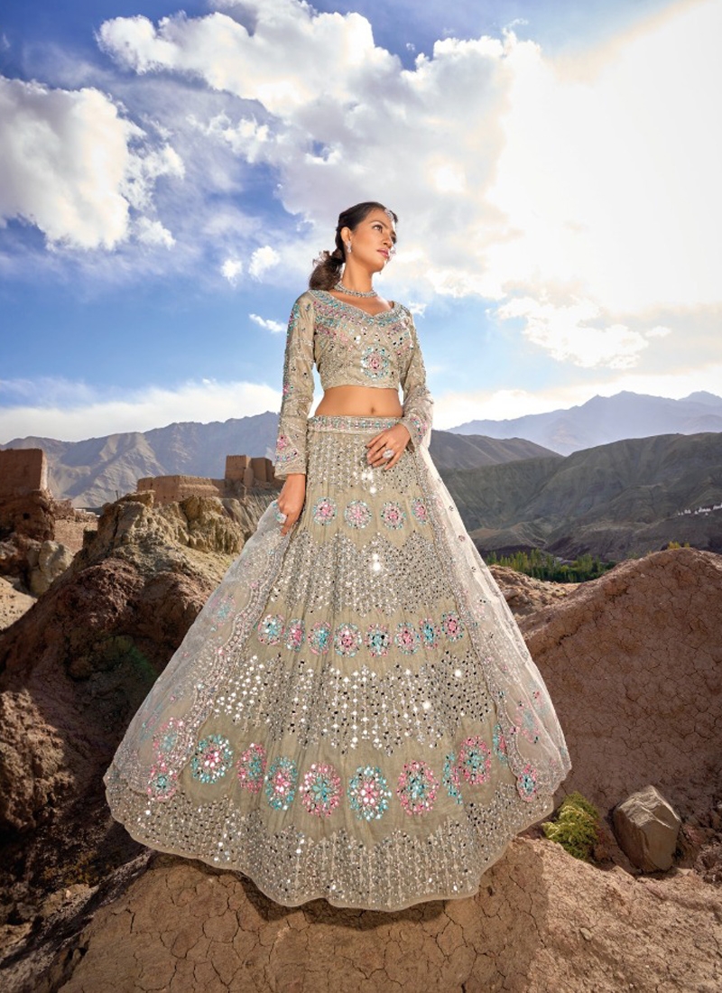 Amazing sequin net lehenga with mirror wok in grey