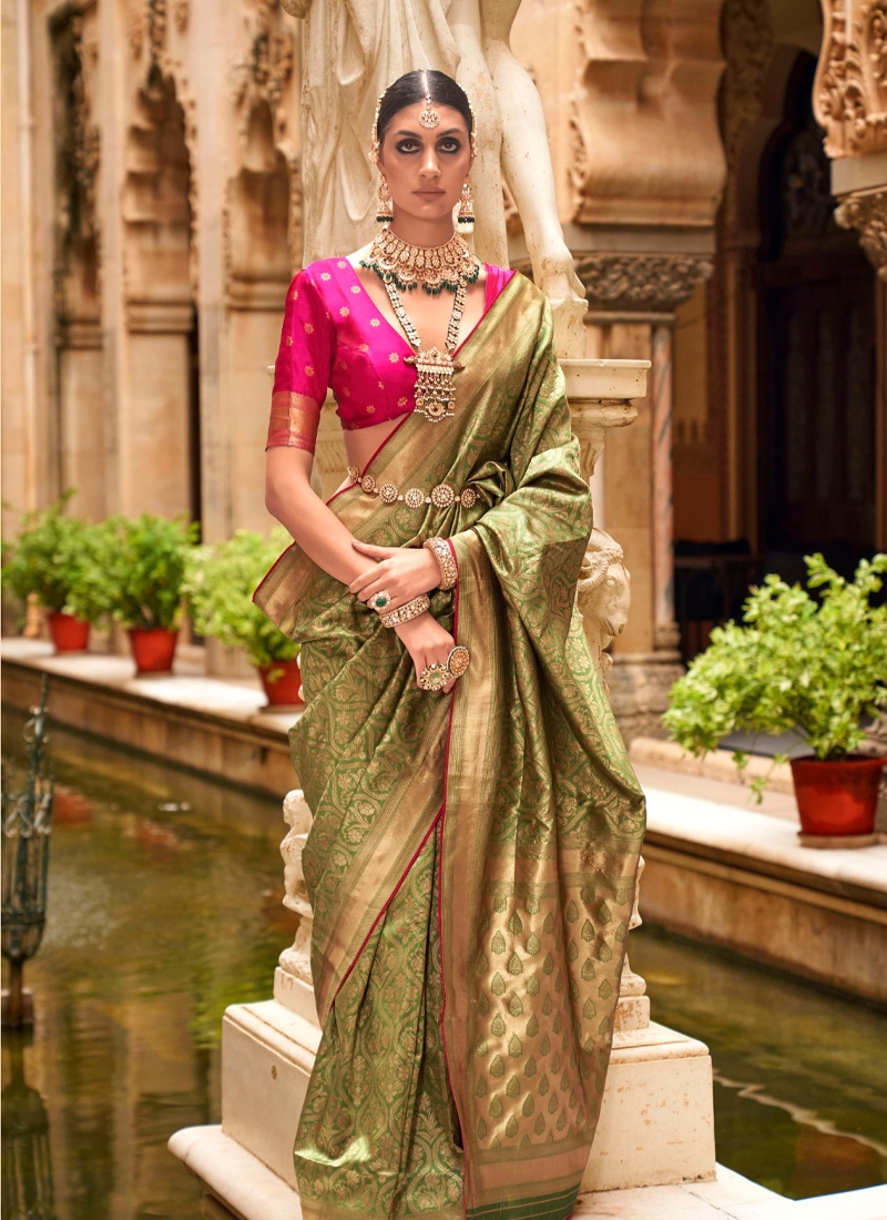 Stunning new silk saree with jacquard weaving in light green