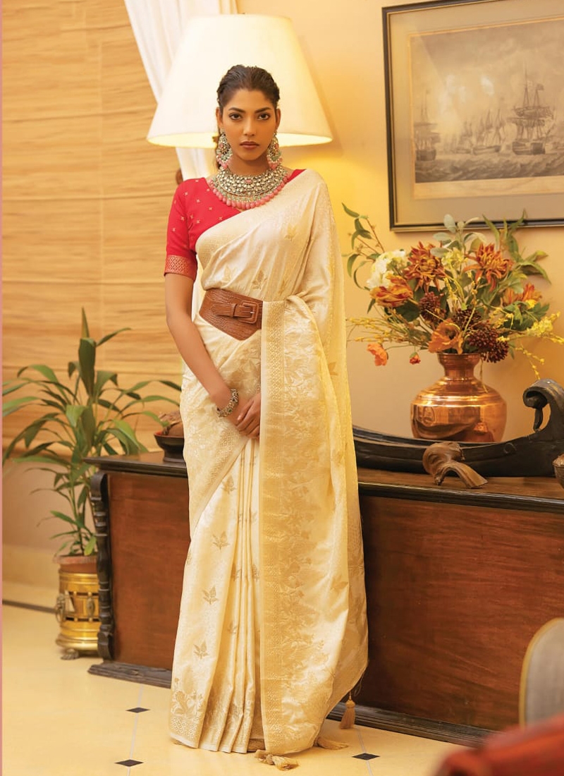 Trendy satin silk saree with hand weaving in white