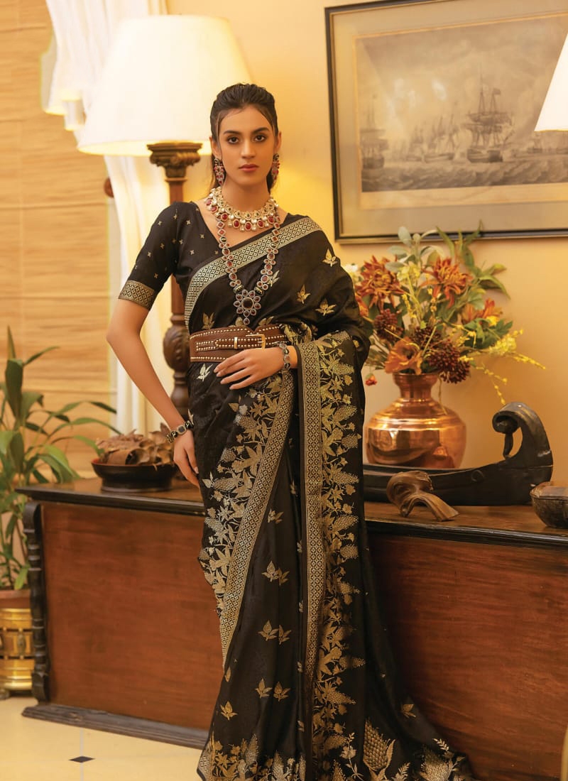 Trendy satin silk saree with hand weaving in black