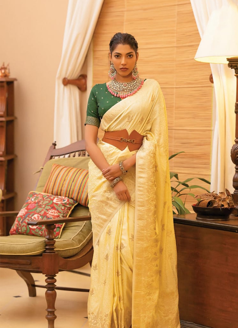 Trendy satin silk saree with hand weaving in yellow