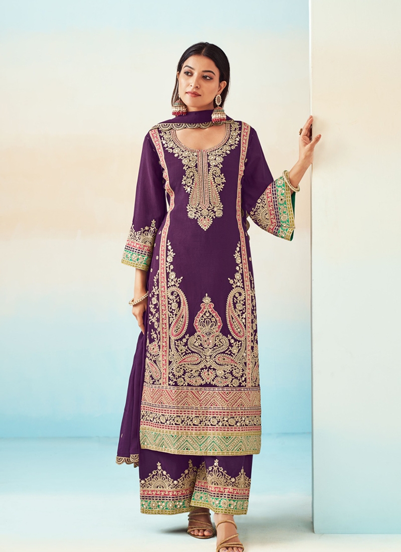 Modern Chinon palazzo set with heavy embroidery in purple