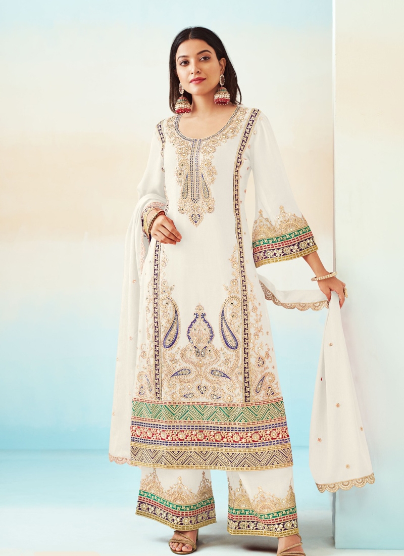 Modern Chinon palazzo set with heavy embroidery in white