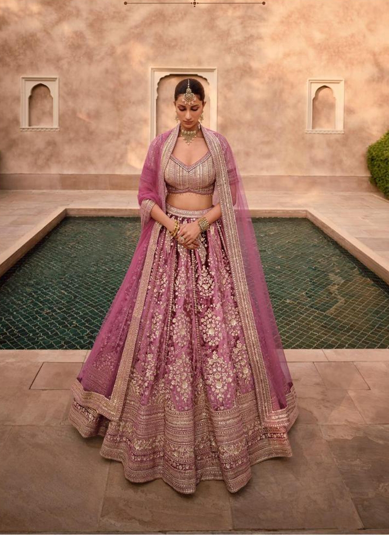 Pure viscose silk lehenga with crystal work in pink