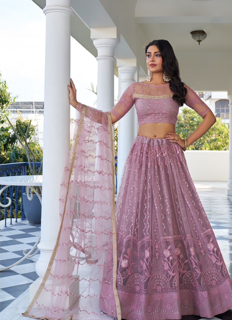 New butterfly net lehenga with heavy thread embroidery in dusty pink