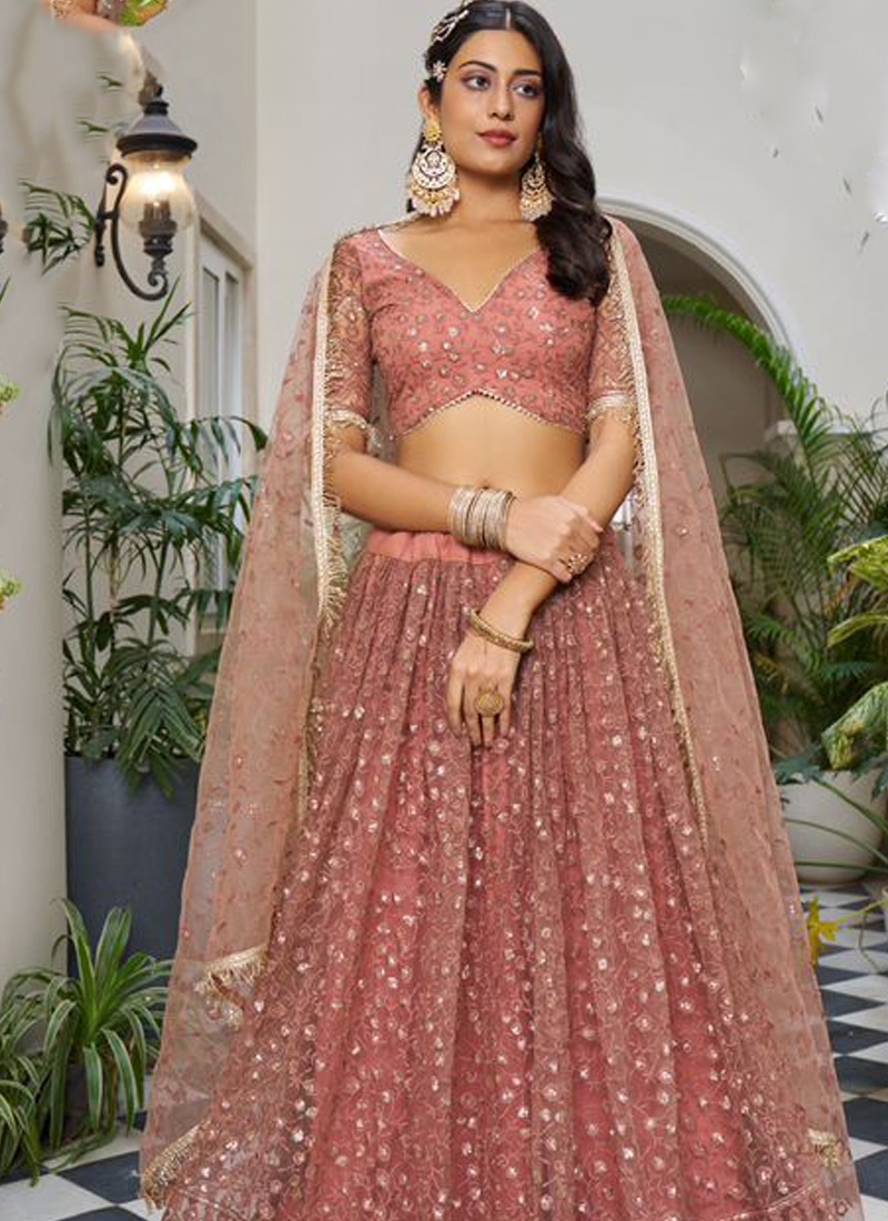 New butterfly net lehenga with heavy thread embroidery in rust brown