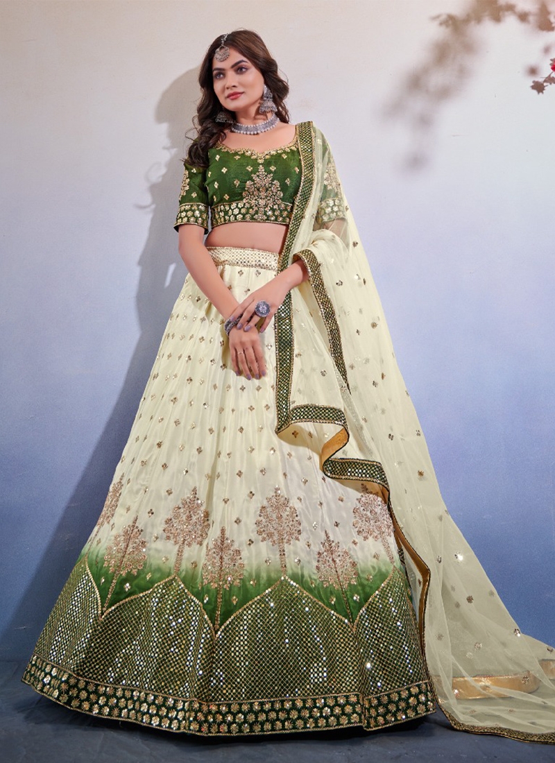 Chinon lehenga choli with butterfly dupatta in green