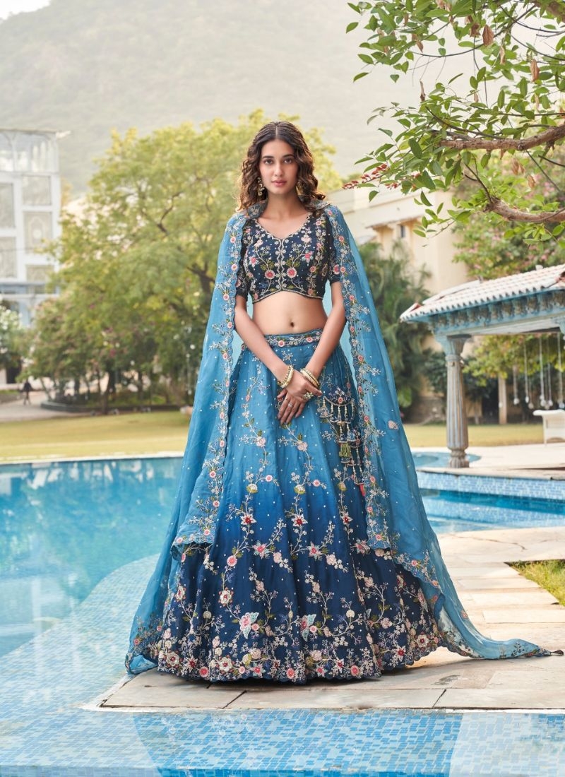 Beautiful lehenga choli with mirror and stone work in blue