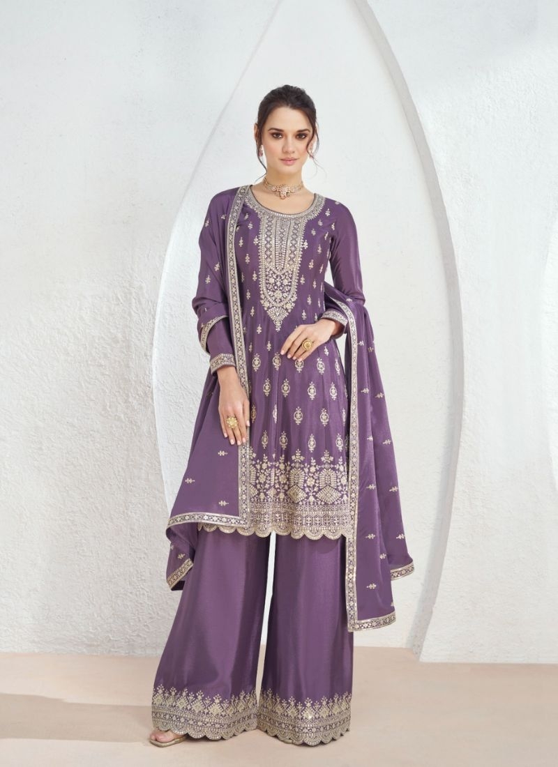 Premium chinon silk plazzo set in purple