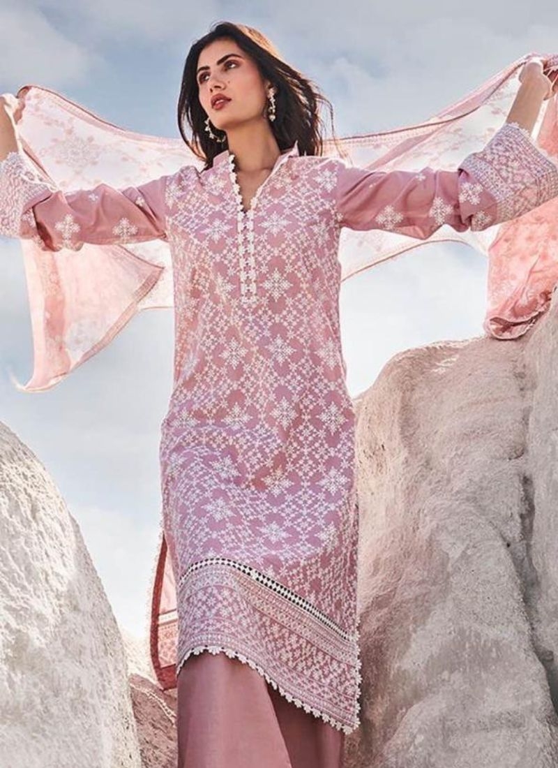 Exquisite cotton pant suit with mirror work in pink