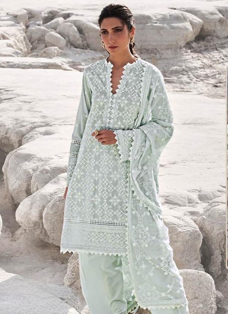 Exquisite cotton pant suit with mirror work in sky blue