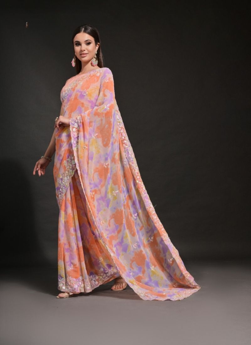 Soft georgette saree with prizam print in peach pink