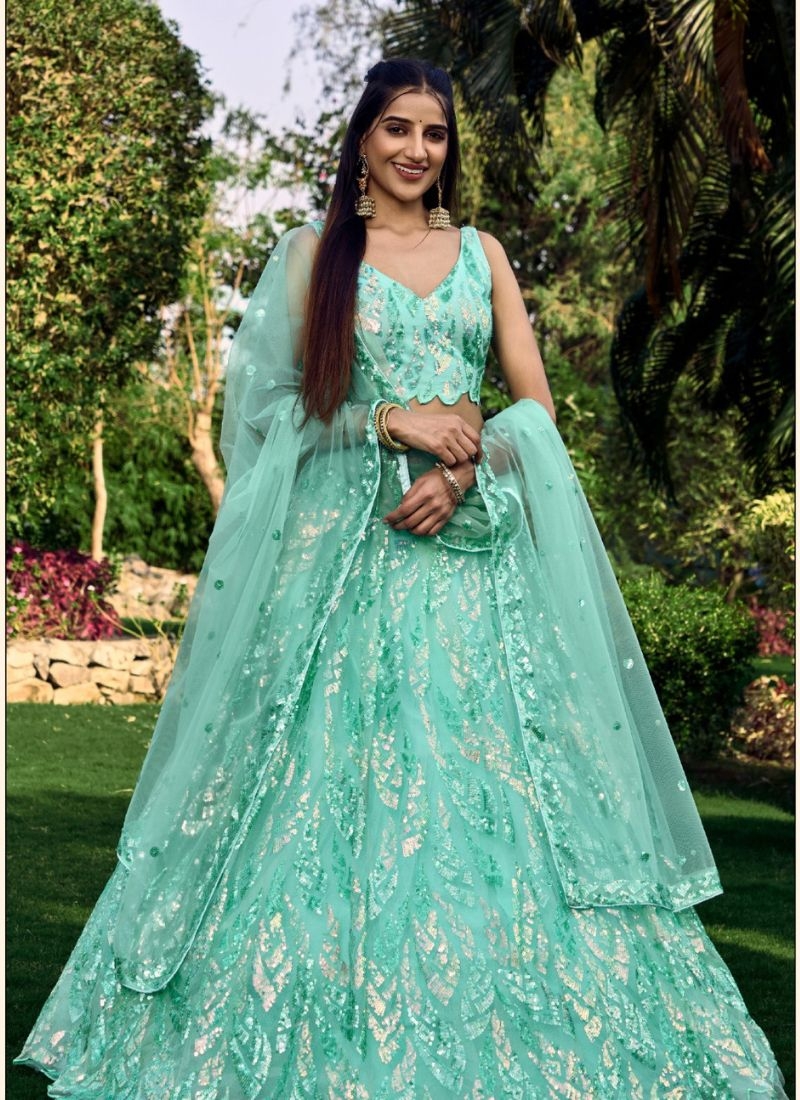 Heavy embroidered bridal lehenga in sky blue