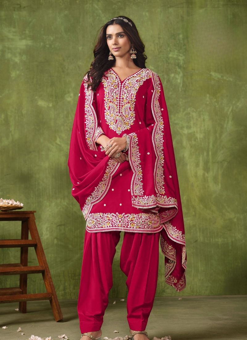 New patiala style chanderi silk salwar suit in red