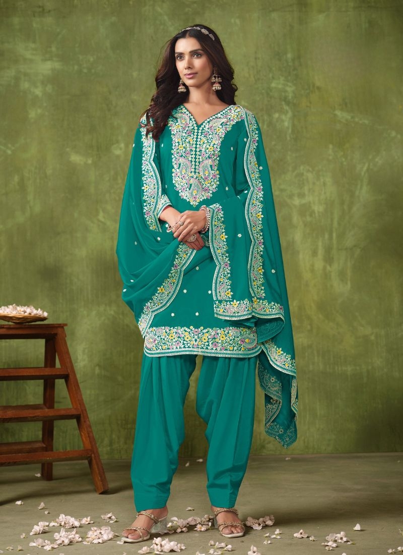 New patiala style chanderi silk salwar suit in green