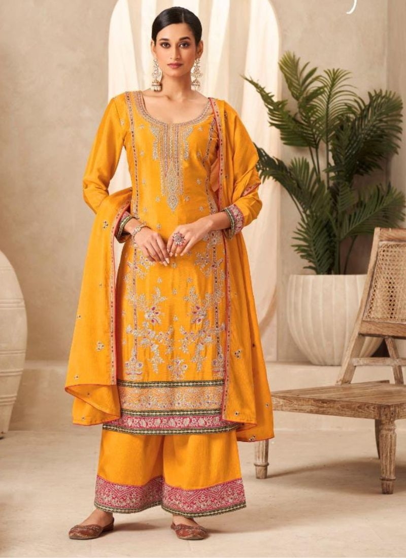 Premium chinon palazzo suit set in yellow